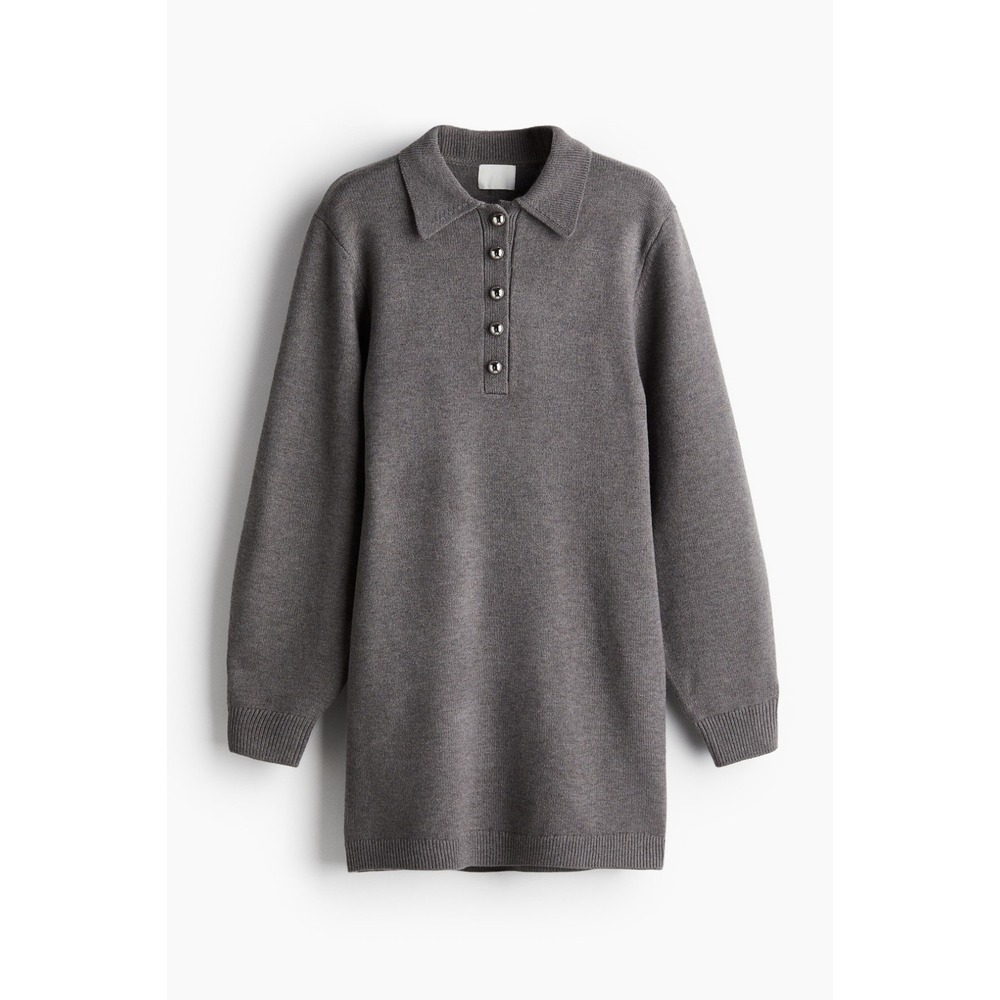 H&M Womens Gray Fine Knit Mini Sweater Dress Long Sleeve Collared Medium Button